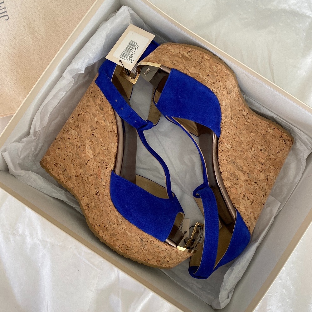 Jimmy Choo Blue Suede Pela Cork Wedge Ankle Strap Platform Sandals Size 38